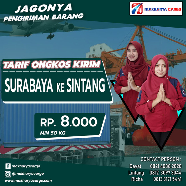 Tarif Ongkos Kirim Surabaya Sintang Rp8000 gratis jemput barang