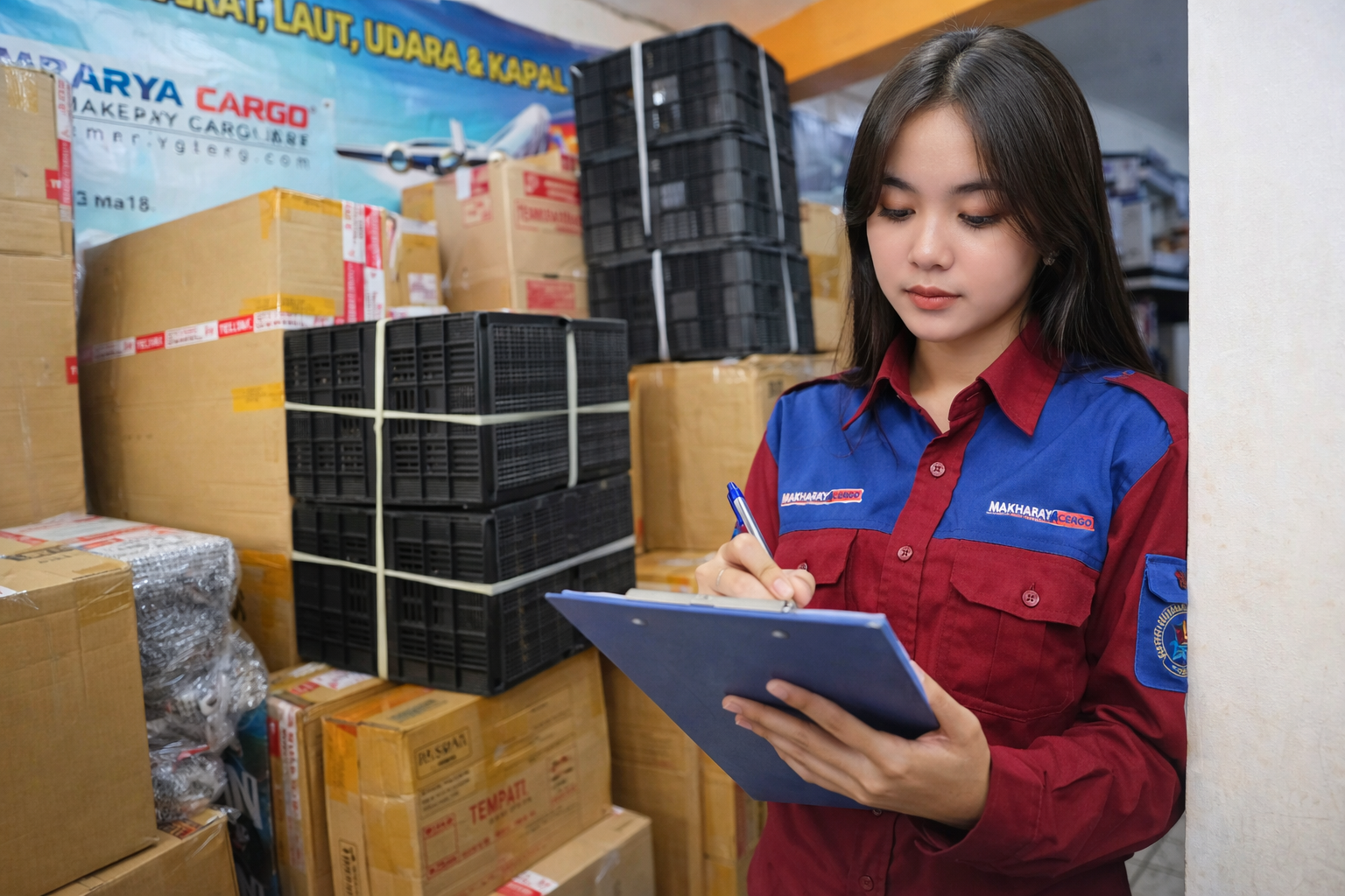 Petugas menyiapkan 5 paket besar dalam jasa pengiriman Surabaya Semarang dengan sistem tracking modern.