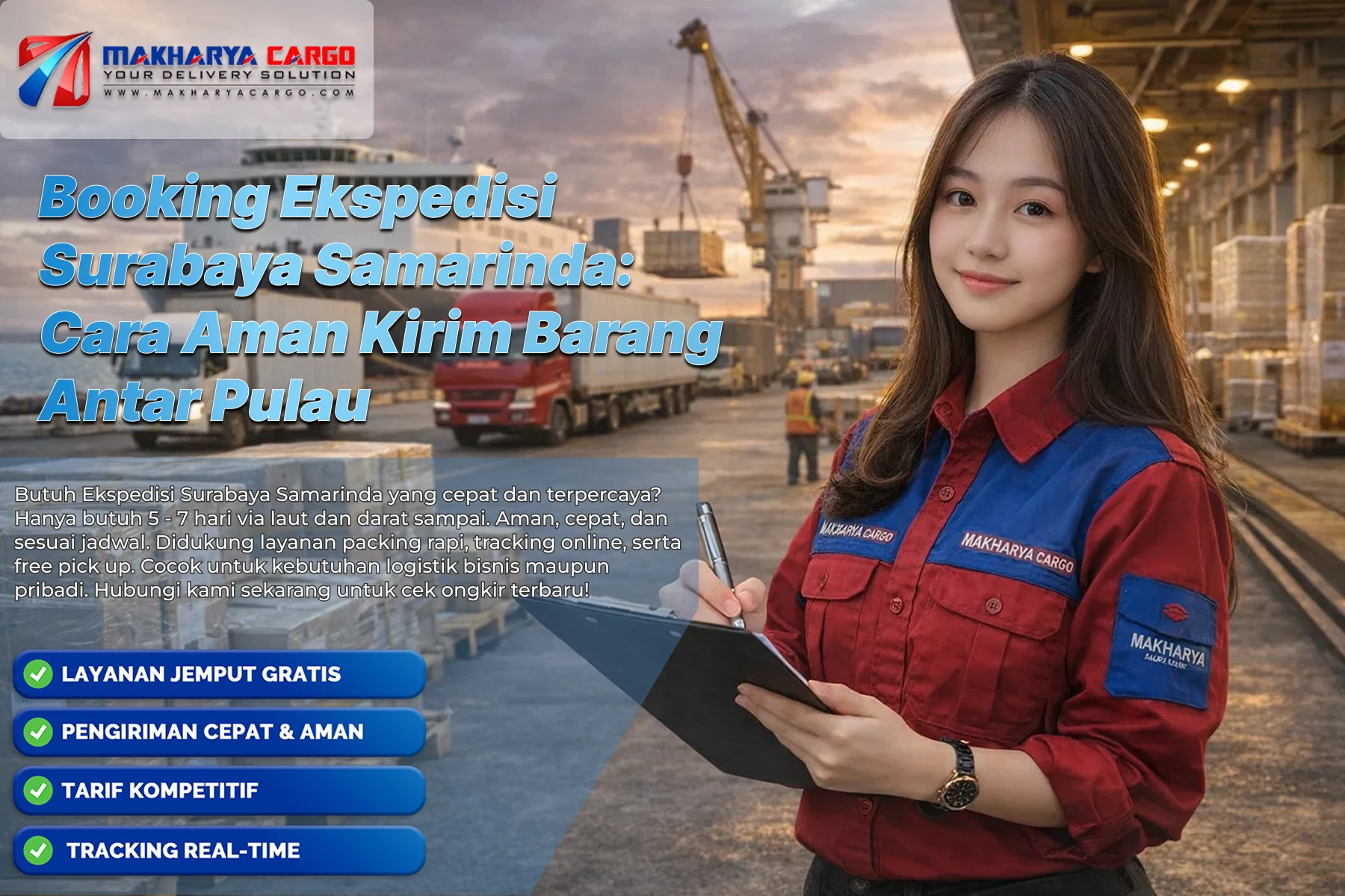 Ilustrasi proses booking ekspedisi Surabaya Samarinda dengan cargo laut dan layanan door-to-door untuk pengiriman barang antar pulau.