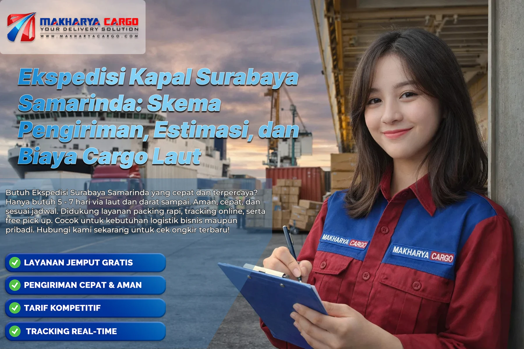 Ilustrasi pengiriman barang melalui ekspedisi kapal Surabaya Samarinda dengan container dan pallet besar