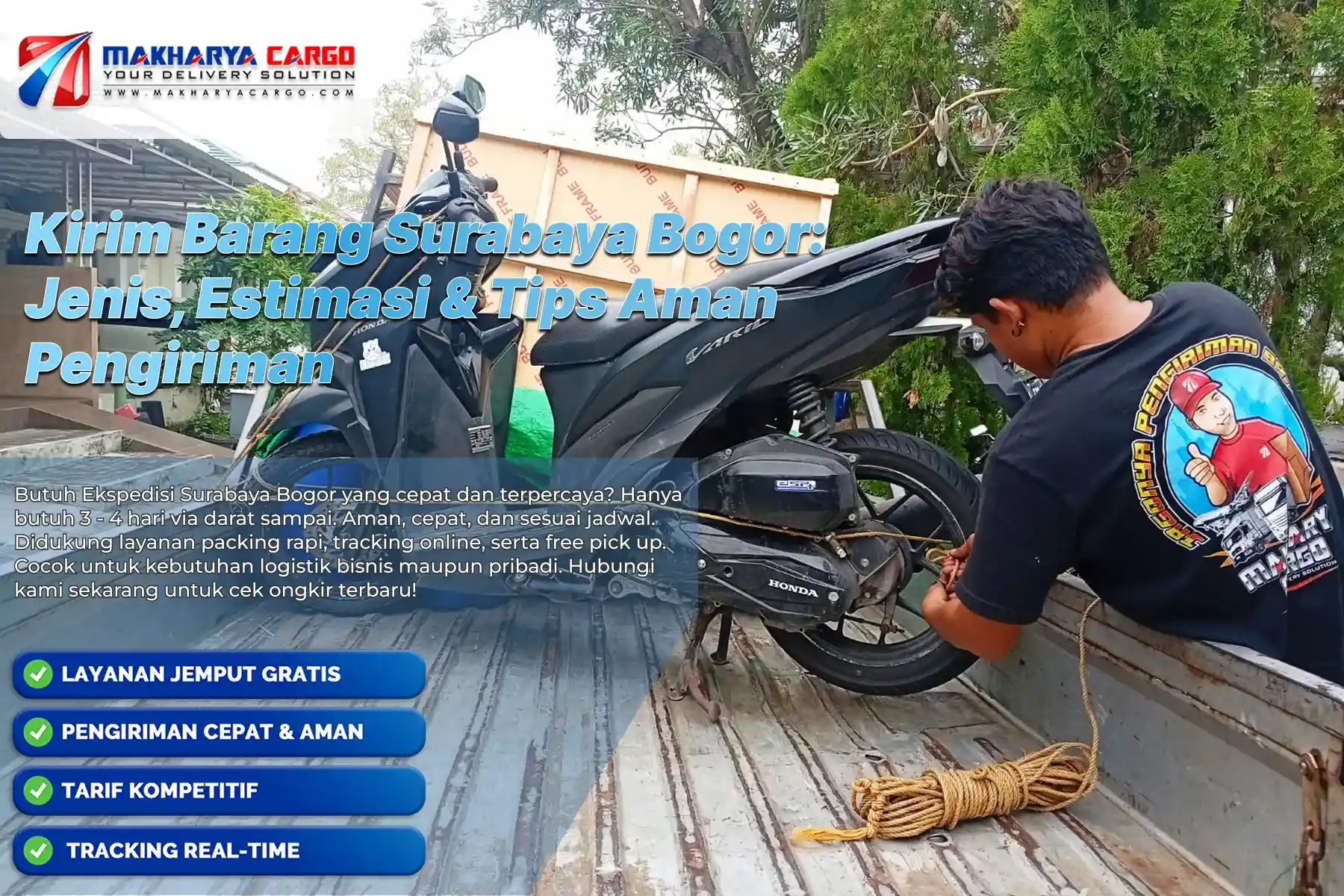 Ilustrasi Kirim Barang Surabaya Bogor dengan armada ekspedisi, pengemasan aman, dan layanan door-to-door.